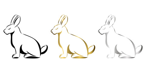 Vector Line Art Illustration of a rabbit. It is sitting there art three color black gold and silver