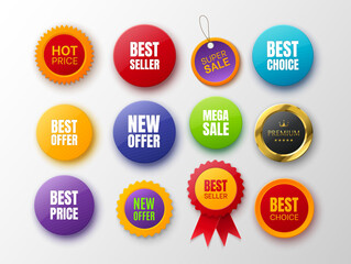 Collection of promo badges. Different colors and shapes badges isolated on white. New offer, best choice, best price and premium tags. Vector illustration - 435370738