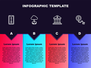 Set line Mobile stock trading, Storm, Bank building and Dollar rate decrease. Business infographic template. Vector