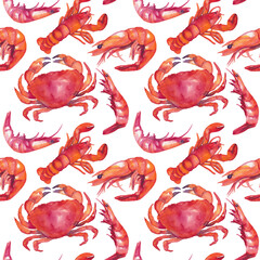 Seamless pattern with seafood, shrimp, crab, lobster, watercolor painting