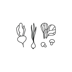 Mushrooms, onion, lettuce and beetroot icon. Hand drawn vector, outline illustration.