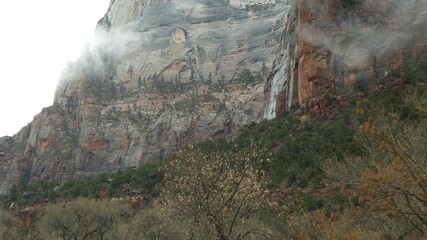 Fototapeta premium Road trip, driving auto in Zion Canyon, Utah, USA. Hitchhiking traveling in America, autumn journey. Red alien steep cliffs, rain and bare trees. Foggy weather and calm fall atmosphere. View from car.