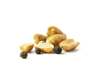 Dry appetizer, nuts with black pepper in close-up on a white background isolated, copyspace