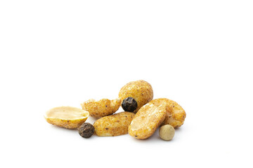 A slide of spicy nuts with pepper in a close-up on a white background isolated with shadows, with a place for the text