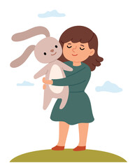 The girl in a green dress hugs a teddy rabbit. Carefree childhood. Best friends. Soft toy bunny. Cute book illustration.