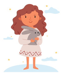 The girl in a white dress hugs a rabbit. Carefree childhood. Best friends. Soft toy bunny. Cute book illustration.