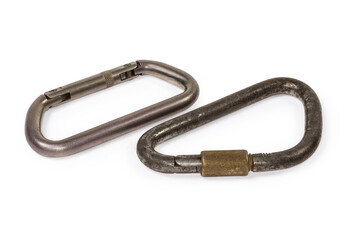 Oval titanium carabiner and old triangular steel locking carabiner