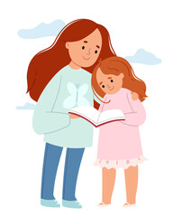 The girl teaches her younger sister to read.Girlfriends reading a book. Cute book illustration.