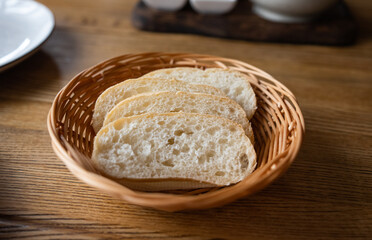 bread in a wicker basket on the table