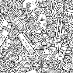 Hair Salon hand drawn doodles seamless pattern. Hairstyle background.