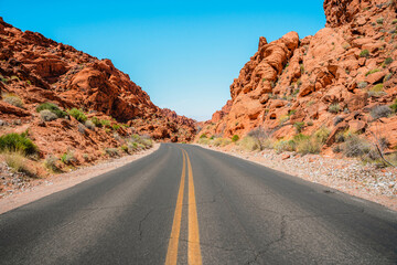 Fototapeta na wymiar Panorama of the road in the Valley of Fire Park in Nevada. Amazing scenery on the road between the orange rocks