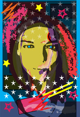 Portrait of a girl with stars. Colorful pop art background, vector illustration 
