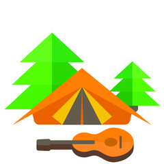 A set of items for tourism and hiking. Includes flat  guitar, spruce, tent. Landscape with flat  guitar, spruce, tent. The place where tourists stop. Camping place. Camping space