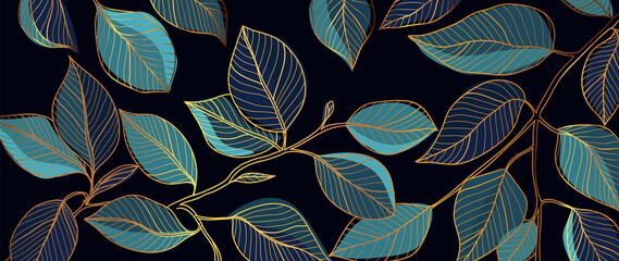 Golden leaves line art background vector. luxury gold abstract wallpaper with blue and tidewater green color. Design for prints, Home decoration, fabric and cover design. vector illustration.