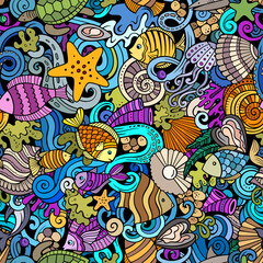Naklejka premium Cartoon doodles Sea Life seamless pattern.