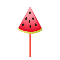 Сolorful lollipop in the form of a juicy watermelon slice. Unhealthy eating. Lollipop isolated vector illustration.