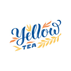 Vector illustration of yellow tea brush lettering for package, banner, flyer, poster, bistro, café, shop signage, advertisement design. Handwritten text for template, sign, billboard, print 
