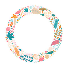 Vector illustration of autumn objects for banner, sticker, poster, flyer, calendar, clothes, advertisement design. Pattern for template, background, billboard, print. Doodle drawing
