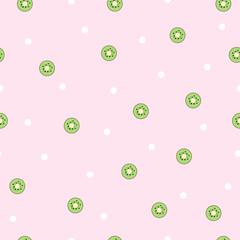 Cute seamless pink backdrop and kiwi slices cut pattern. Doodle funny background with kiwi for textile, fabric, paper, decoration. Pink background with dots and kiwi slices pattern. Vector Tile EPS 8