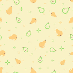 Cute seamless yellow backdrop and pears pattern. Doodle funny background with pears for textile, fabric, paper, decoration. Yellow background with random fruit pears slices pattern. Vector Tile EPS 8