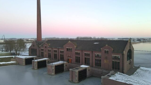 Wouda Steam Pumping Station in holland during winter season, aerial