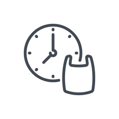 Plastic bag decomposition time line icon. Shopping bag with clock vector outline sign.