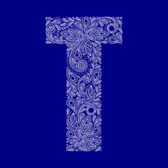 Touching letter T of the latin alphabet. Lace font for romantic greeting cards and cosmetics labels.