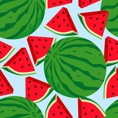 Vector pattern with whole watermelons and slices of watermelon on a blue background. Seamless, summer background for the design of fabrics, napkins, covers, posters, banners, etc.