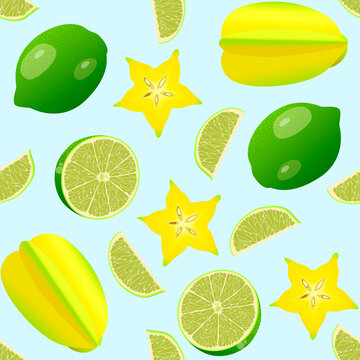 Square seamless pattern with slices of lime and caramboli on a blue background. Vector design for wallpaper, napkins, interiors, fabrics, kitchen towels, tablecloths, wrapping paper, covers, banners, 