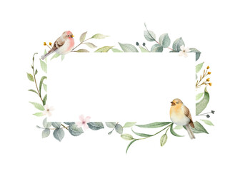 Watercolor vector wreath with green branches and birds.