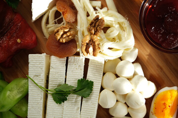 Close-up turkish breakfast on wooden plate