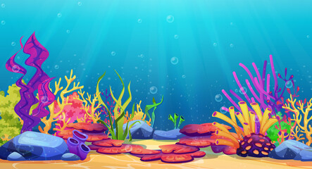 Corals and algae underwater world, sea bottom cartoon background. Vector seaweeds and stones undersea plants, aquarium with seafloor, marine wildlife scenery, bubbles and light, game design, diving