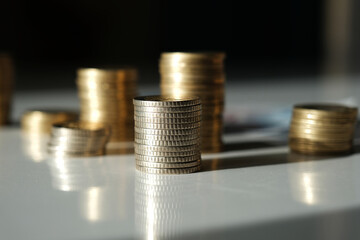 Turkish lira stacked in different sizes.Turkish lira coins collection set isolated on white background stacked. Copy space