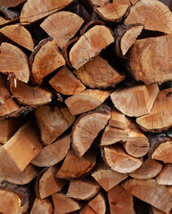 Des bûches refendues empilées pour sécher. Le bois de hêtre pour chauffer la maison l´hiver avec la cheminée.