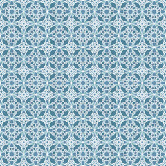 Seamless pattern with arabic geometric ornament. Round Asian mosaic pattern in blue. 
