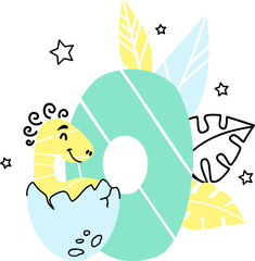 Vector illustration of Dinosaur birthday number 0, zero, announcement for baby boy with plants and stars