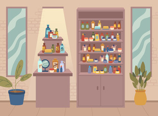 Beauty shop, cosmetics store with different assortments, various skin and body care bottles and jars on shelves. Flat cartoon interior design with windows, potted plants. Showcase with makeup products