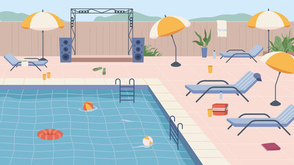 Fototapeta premium Furniture and umbrellas, inflatable lifebuoy and ball by pool party. Scene by water, luxurious resort or hotel, swimming and sunbathing recreation summer weekends or holidays. Vector in flat cartoon