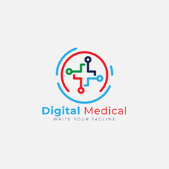 Digital Medical Logo. Tech medical logo Template Design Vector. Icon. Symbol. Emblem.