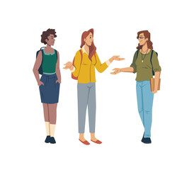 Fototapeta premium Students discuss problems in education and studying isolated flat cartoon characters. Vector talking females standing in line, high school girls in casual cloth, group or team discussion, conversation