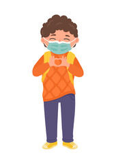 Back to school. Happy school child in madical mask and uniform with backpack making heart shape. Education, studying, learning vector illustration.
