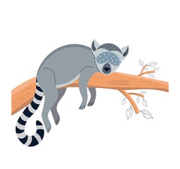Lemur sleeping on a tree wearing a sleep mask. Cute lemur. Animal sleeps on a tree. Character for a childrens poster, postcard, decor. Vector illustration on isolated background.