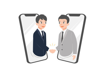 Businessmen talk through smartphone screens and shake hands. Online communication and business meeting, solated on white background. vector illustration. 