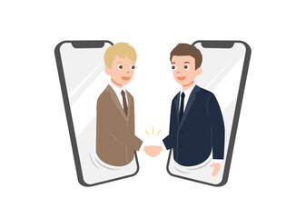 Businessmen talk through smartphone screens and shake hands. Online communication and business meeting, solated on white background. vector illustration. 