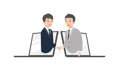 Fototapeta na wymiar Two businessmen talk through laptop screens and shake hands. Online communication and business meeting, solated on white background. vector illustration. 