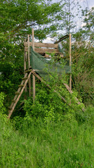 Lookout wooden ladder seat, also known as hunter's seat, hunter's high seat between the trees in nature for observing wild animals, animal world covered with camouflage hunting camouflage net