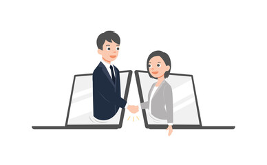 Businessman and woman talk through laptop screens and shake hands. Online communication and business meeting, solated on white background. vector illustration. 