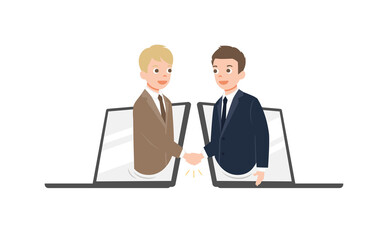 Two businessmen talk through laptop screens and shake hands. Online communication and business meeting, solated on white background. vector illustration. 
