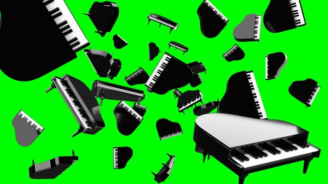 Many black pianos on green chroma key background.
3D rendered illustration for background.
