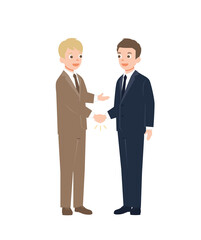 Two businessmen shaking hands. Business partnership and agreement, colleagues and cooperation, good deal and teamwork concept. Isolated on white background. vector illustration. 